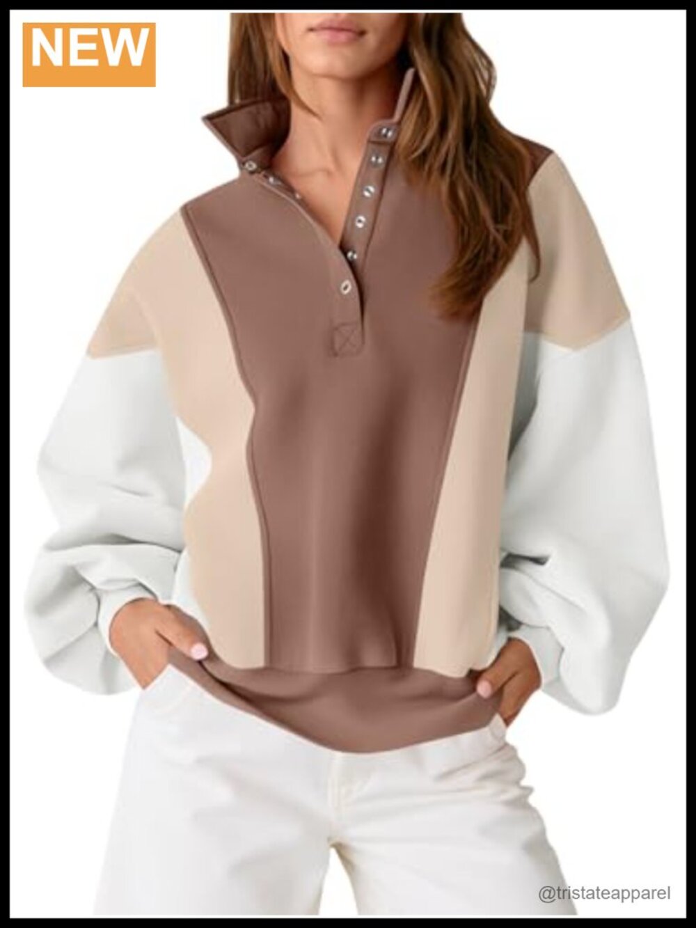 Women's Color Block Sweatshirt Long Sleeve Henley Neck Button Loose Pullover Top